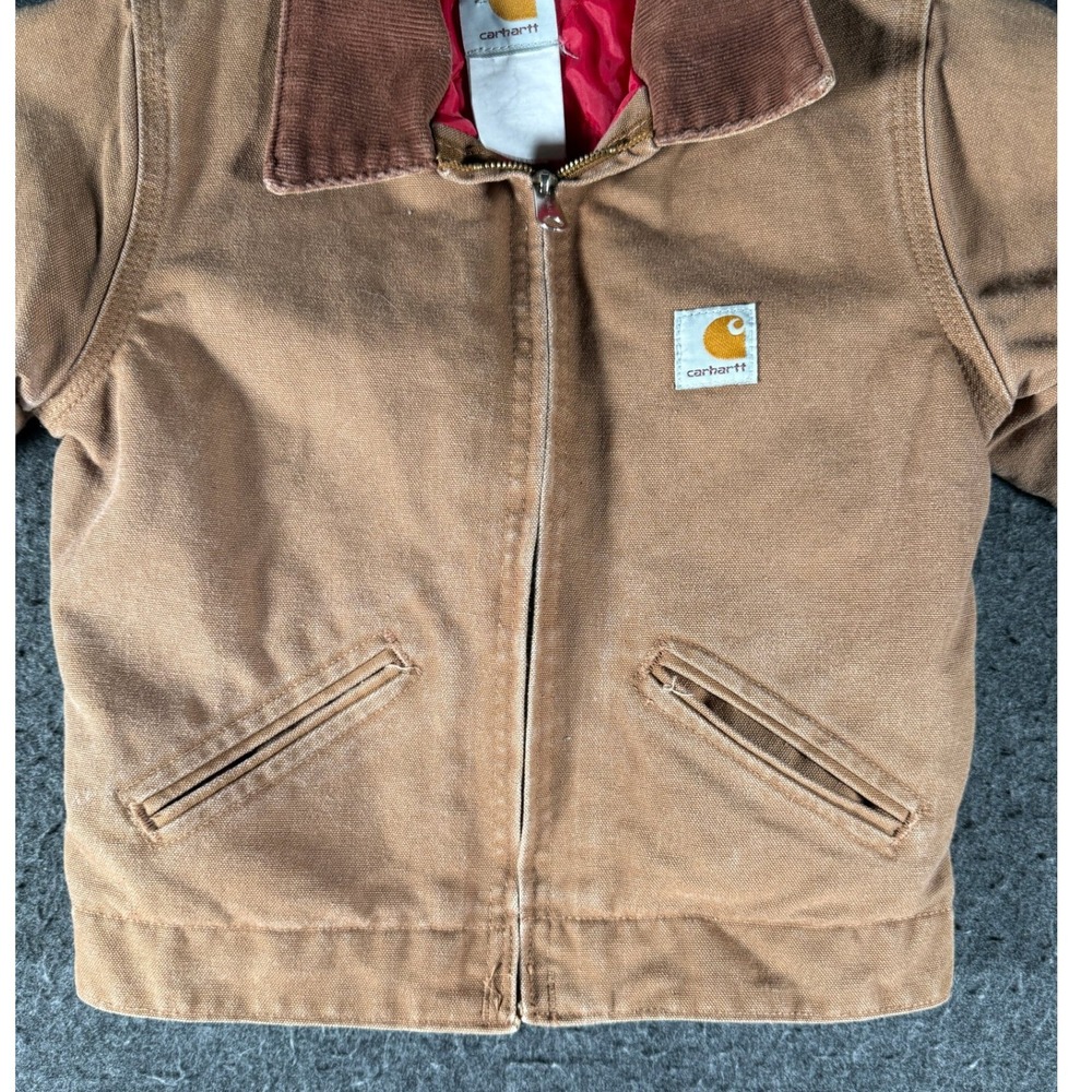 Vintage Carhartt Y04 Detroit Jacket Youth 8 Brown Duck Red Quilt Lined Distress - Picture 6 of 10